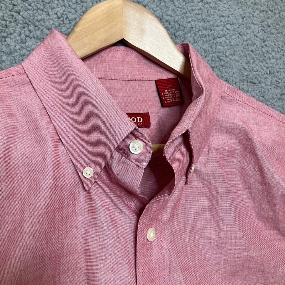 IZOD Luxury Sport Button Up Dress Shirt Men L Pink Red Cotton Long Sleeve Oxford - Picture 5 of 8